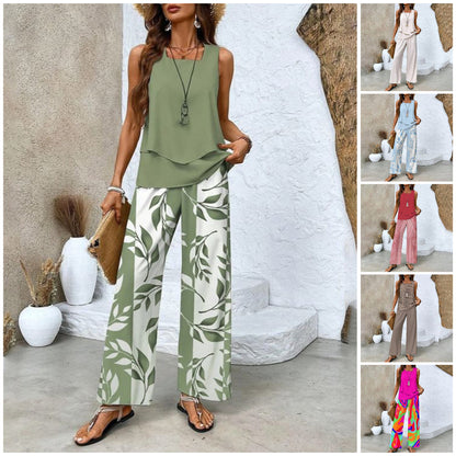 📢📢Last Day-50% OFF!!⏰ Women’s Trendy Print 2-Piece Outfit – Sleeveless Top & Pants Combo!"