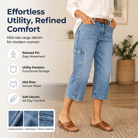 👖 LIMITED-TIME 50% OFF! ✨ Women's Casual Stretchy Cropped Denim Pants – Barrel Fit, Mid-Waist, Multi-Pockets 🌿