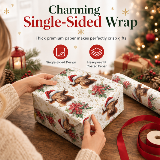 Christmas Highland Cow and Floral Gift Wrapping Paper Roll 43x500cm Holiday Present Wrap
