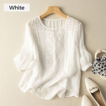 Women's Thin Embroidery Breathable Cotton Linen Short Sleeve Crew Neck Shirt