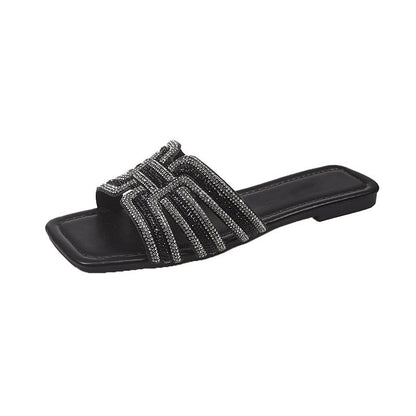 📢Mid-Season Sale: 50% off – limited time ⏰Women's Geometric Rhinestone Square Toe Flat Slides👡