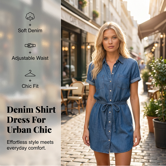 🔥50% OFF!👗Women's Casual Denim Shirt Dress with Drawstring Waist