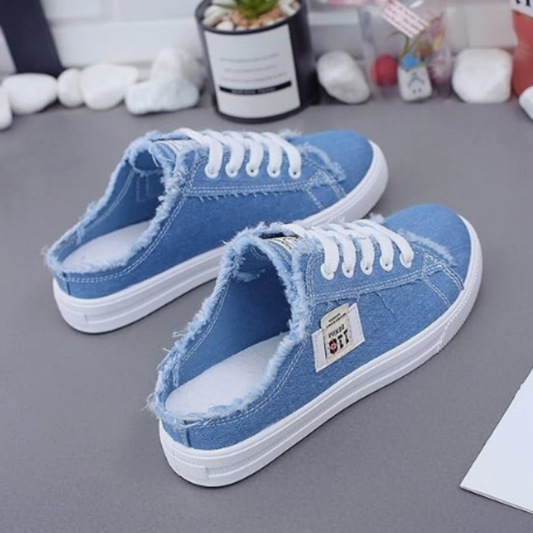 👟 LIMITED-TIME 50% OFF! 👖 Women's Denim Mule Sneakers – Frayed Edges, Slip-On, Flat Sole 💫