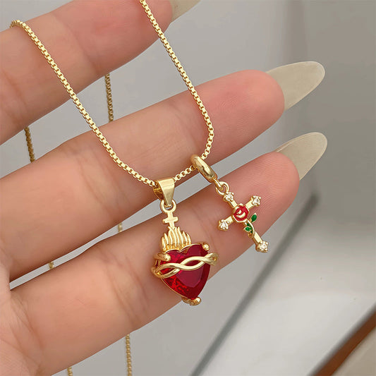 🕊️ Sacred Heart and Rose Cross Pendant Necklace✝️🌹