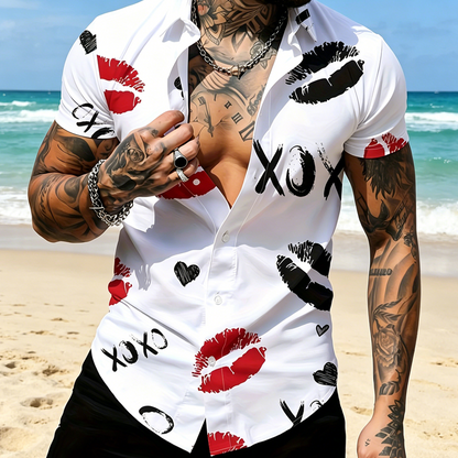 💋 50% OFF! ✨ Men's Kiss Print Button-Up Shirt – Playful, Lightweight, Vibrant 👔
