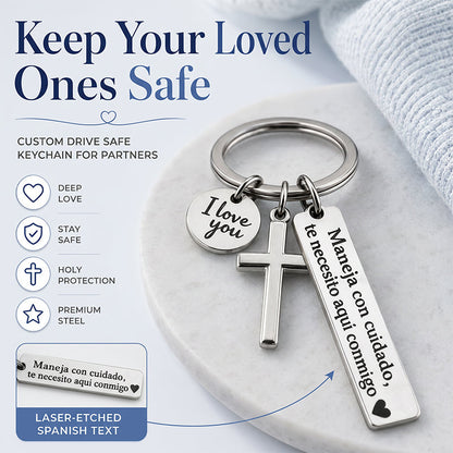 Stainless Steel Cross Keychain – ‘Drive Safe’ Blessing❤️🙏