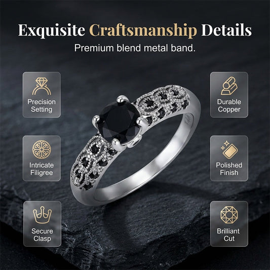 💍 LIMITED-TIME 50% OFF! 💥 Women's Vintage Black Zircon Ring – Solitaire, Filigree Band, Copper Base ✨