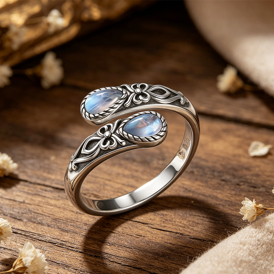🌙 Handcrafted Moonstone Spoon Ring – Vintage Bow Embossed Design, Boho Gypsy Style with Rustic Patina, Perfect for Free-Spirited Soul