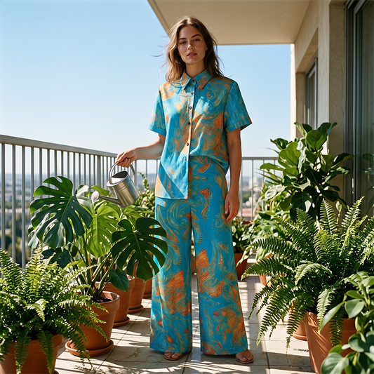 👗 LIMITED-TIME 50% OFF! ✨ Women's Casual Short Sleeve Top & Pants Set – Vibrant Print, Side Pockets, Soft Fabric 🌿