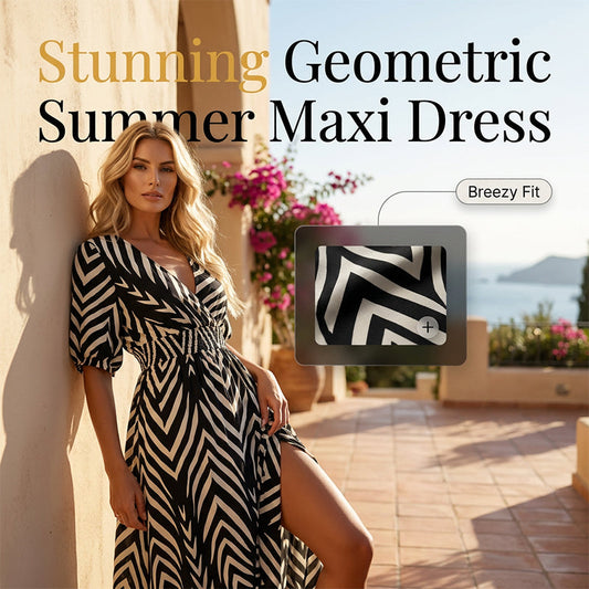 Chevron Print V-Neck Puff Sleeve Midi Dress