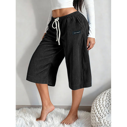Women's Ribbed Wide-Leg Drawstring Cropped Pants