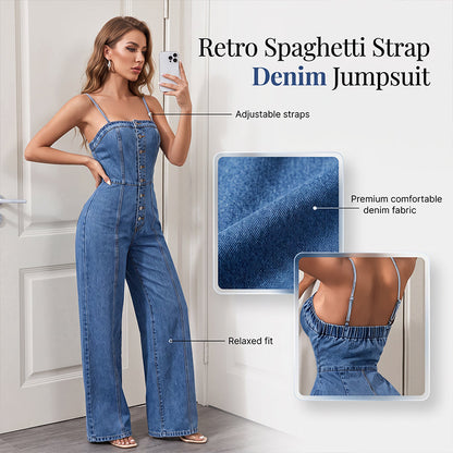 💙LIMITED-TIME 50% OFF!⏰Women Spaghetti Strap Wide Leg Denim Jumpsuit