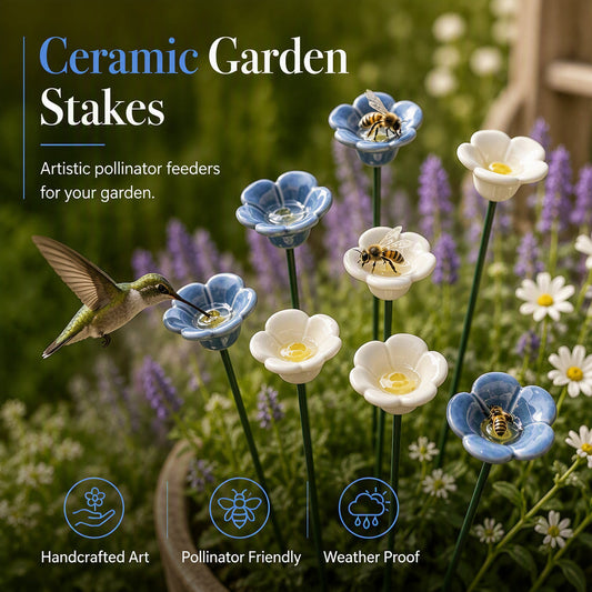 🐝 Ceramic Bee Feeder Flower Decor – Handmade Forget-Me-Not Artificial Flower Vase for Garden, Patio & Home Decoration