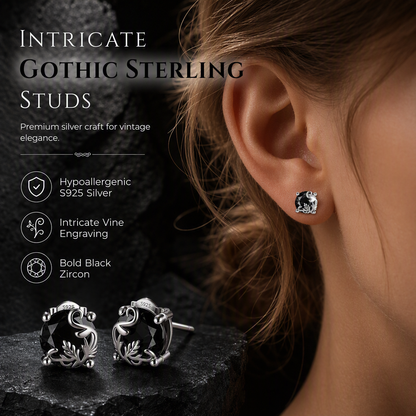 🖤 Gothic Vine Stud Earrings – Silver Tone Round Earrings with Black Cubic Zirconia