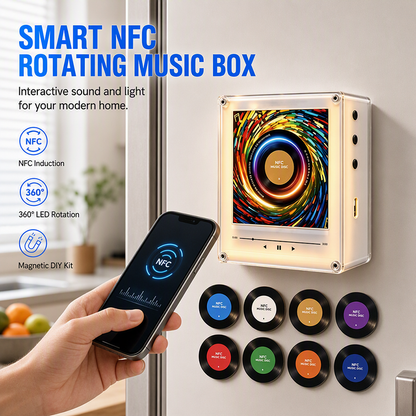 🎵 LIMITED-TIME 50% OFF! ✨ NFC Magnetic Fridge Music Box – Tap to Play, 360° Rotating LED Light 🧲