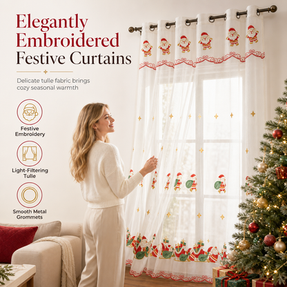🎄 LIMITED‑TIME 50% OFF! 🎅 Christmas Embroidered Sheer Window Curtain Panel with Snowflake and Bell Patterns
