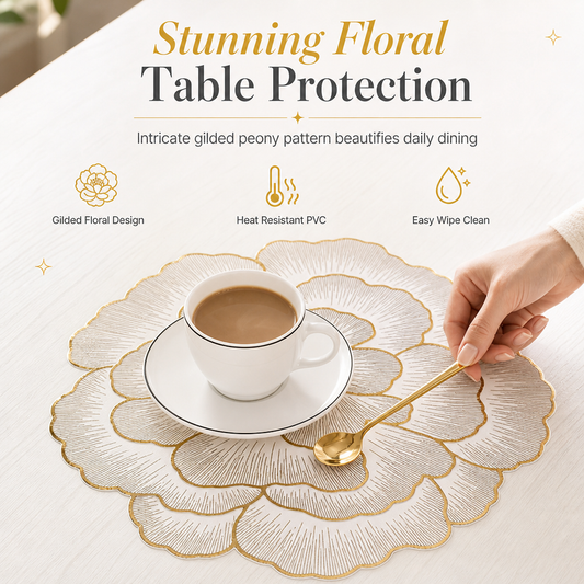 📢📢Buy 1 Get 1 Free !! ⏰Nordic Style Metallic Peony Flower PVC Placemat Heat Resistant Non Slip Waterproof Dining Table Mat 38cm