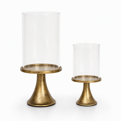 Vintage Gold Candle Holder Set with Glass Covers for Weddings and Candlelight Dinners