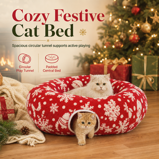 🎄🐱 Christmas Tunnel Cat Bed – Donut Pet Cave & Cushion, Limited Edition, Removable & Washable 🎁✨