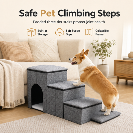 🔥 50% OFF 🐕 Foldable Pet Steps with Storage – Non-Slip Dog Stairs for Couch & High Bed 🛋️✨